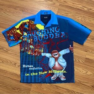 Vintage Y2K Laughing Buddha Graphic Button Up Shirt Blue Size L Streetwear Baggy